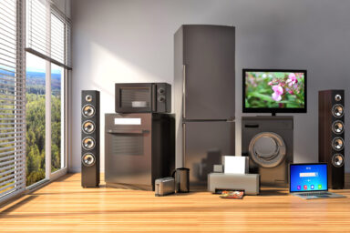 Home appliances. Gas cooker, tv cinema, refrigerator, microwave, Home appliances. Gas cooker, tv cinema, refrigerator, microwave, laptop and washing machine. 3d illustration