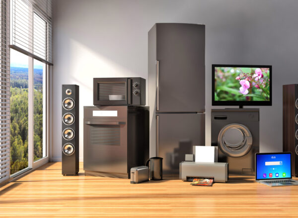 Home appliances. Gas cooker, tv cinema, refrigerator, microwave, laptop and washing machine. 3d illustration