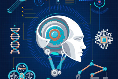 Hi-Tech Technology Concept Hi-tech technology concept with robotic cybernetic artificial objects and elements on blue grid background vector illustration