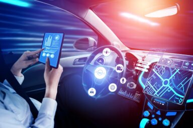 Driverless car interior with futuristic dashboard for autonomous control system Driverless car interior with futuristic dashboard for autonomous control system