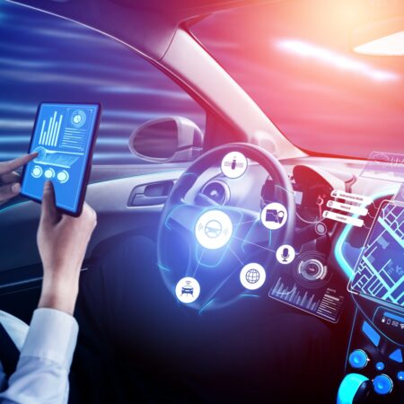 Driverless car interior with futuristic dashboard for autonomous control system