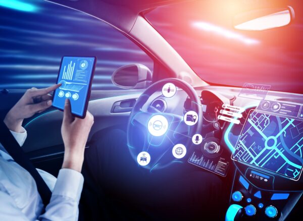 Driverless car interior with futuristic dashboard for autonomous control system